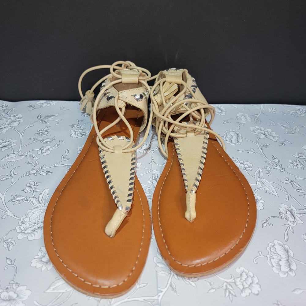 Express Tan Gladiator Sandals Women's Size 8 Lace Up Silver Trim